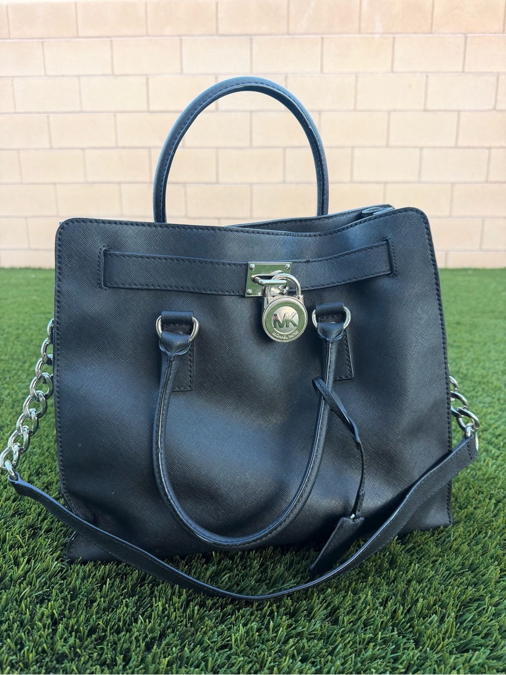 Michael Kors Black Leather Satchel with Chain Strap